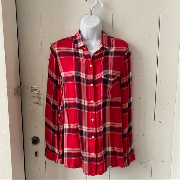 Old Navy Button Down Tunic Red Flannel Shacket Shirt - Picture 1 of 8